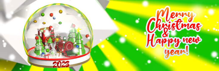 Narrow festive background with a vintage steam locomotive in a snow globe.