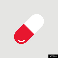 Red and White Capsule or Pill vector icon in flat style design for website design, app, UI, isolated on white background. Capsule symbol. Vector illustration.