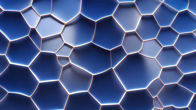 3 D render. Abstract background of blue cells with golden edges
