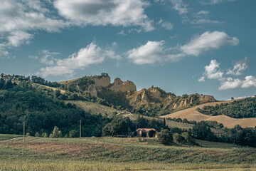 Naklejka premium Eroded sandstone rock formation between Sasso Marconi and Pianoro municipalities. Bologna province, Emilia-Romagna, Italy.
