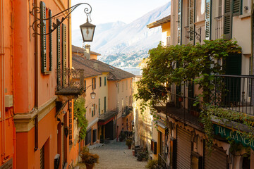 Bellagio , Coastal town at Lake Como , Lombardy . Salita Serbelloni street during autumn , winter sunny day : Lake Como , Italy : December 7 , 2019