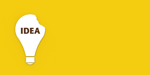a white bitten light bulb with the inscription idea on a yellow background. teeth marks stealing an idea. plagiarism. copying other people's works.Banner for insertion into site.3D image.3D rendering.