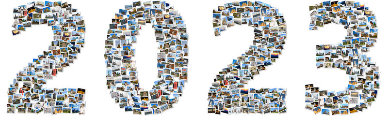 2023 made of travel photos; Composite image of small photos with white borders - obrazy, fototapety, plakaty