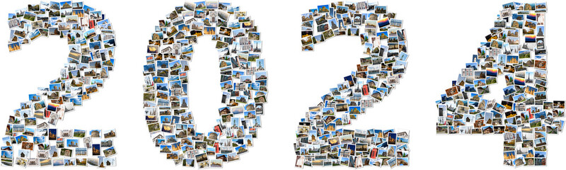 2024 made of travel photos; Composite image of small photos with white borders