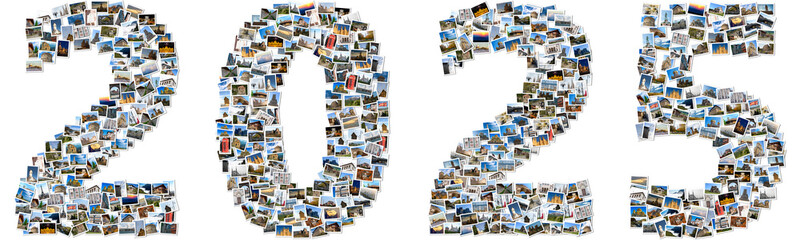 2025 made of travel photos; Composite image of small photos with white borders