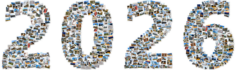 2026 made of travel photos; Composite image of small photos with white borders