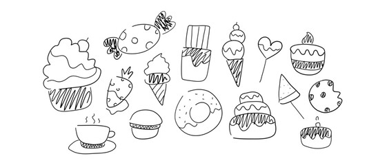 Set of doodle sweet cute food , vector illustration,cake,ice cream,candy,macaroons,chocolate