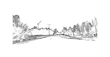 Fototapeta na wymiar Building view with landmark of Oulu is a city in central Finland. Hand drawn sketch illustration in vector