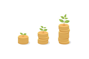 Plant growth from money coin stacks. Concept growth your business. Success of business and investment. Financial growth concept with stacks of golden coins
