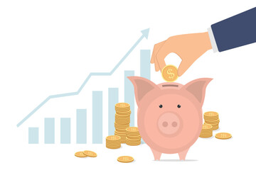Money pig. Hand putting coin a piggy bank money savings. Piggy bank and coins, investment. Saving or accumulation of money, growth, investment. Flat style illustration
