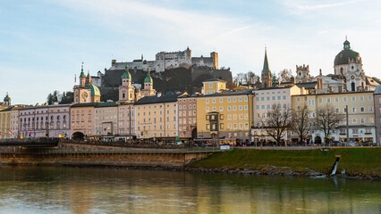 Panoramic spots and buildings along Salzach river near Marko Feingold Steg , Hohensalzburg during autumn , winter  : Salzburg , Austria : December 9 , 2019