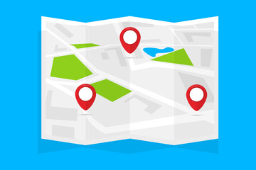 Map with location icons. Map pin point icon. GPS. Location icon. Map with pins, vector Illustration.