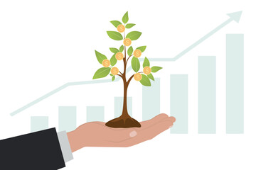 Hand holding money tree. Growing money tree, gold coins on branches. Symbol of wealth, growth, business success. Finance and banks, savings and investments. Coin crop. Flat style illustration