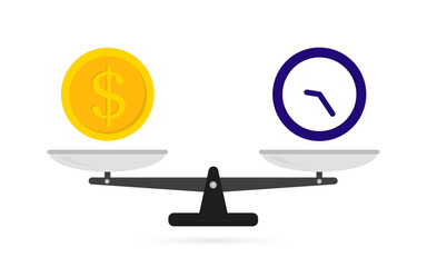 Mechanical scales with dollar coin and clock. Time is money on scales. Money and time balance on scale. Metaphor of working hours value. Vector illustration