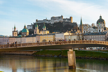 Panoramic spots and buildings along Salzach river near Marko Feingold Steg , Hohensalzburg during autumn , winter  : Salzburg , Austria : December 9 , 2019