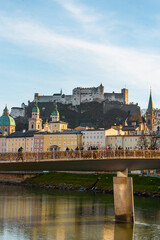 Panoramic spots and buildings along Salzach river near Marko Feingold Steg , Hohensalzburg during autumn , winter  : Salzburg , Austria : December 9 , 2019
