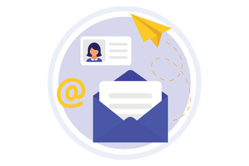 Email message. Messaging. New incoming message, mail sending. Open envelope with letter, notification screen and paper plane. Concept sending and receiving mail messages, social network, chat