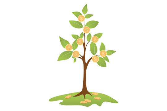 Money tree with gold coins. Growing money tree, gold coins on branches. Symbol of wealth, growth, business success. Finance and banks, savings and investments. Coin crop. Flat style illustration