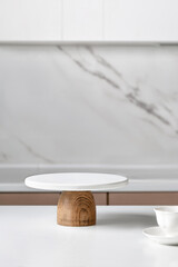 White empty Cake stand, Bakery utensil. Podium for cake. Minimalist mock up for cake with kitchen...