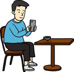 man with handphone smarthphone gadget sitting at the cafe hand draw cartoon vector design