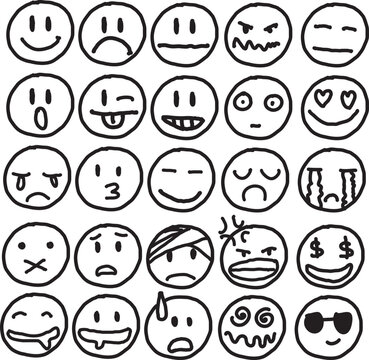 set of emotion icon black and white with hand draw cartoon vector design
