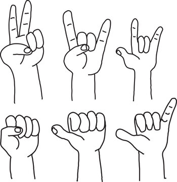set of hand gestures metal, peace, thumbs up, clench