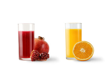 Freshly squeezed juices in glass on isolated on white background. Orange and pomegranate juice for menu. Mock up