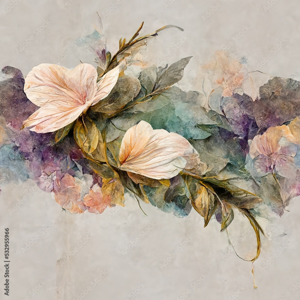 Poster elegant flowers with golden leaf and twigs on light background. seamless pattern of hand-drawn brush