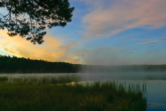 sunrise picture with gorgeous sky, fog covers the surface of the lake, sunrise colored sky