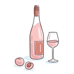 Bottle of rose wine with glass and peach. Handmade picture in line style. Black contour with colored spots. Isolated on white background.  Vector flat illustration. Template for menu design