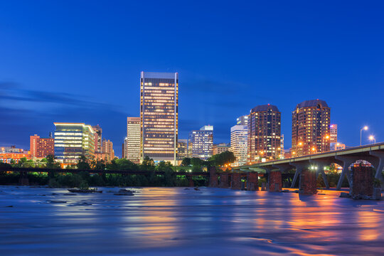 Richmond, Virginia, USA downtown skyline on the James River
