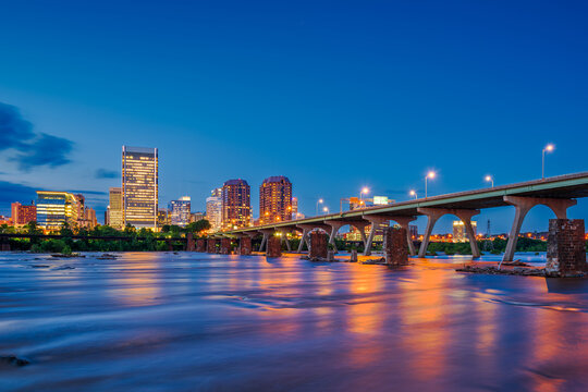 Richmond, Virginia, USA downtown skyline on the James River