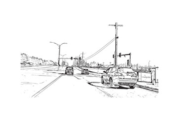 Obraz premium Building view with landmark of Overland Park is the city in Kansas. Hand drawn sketch illustration in vector.