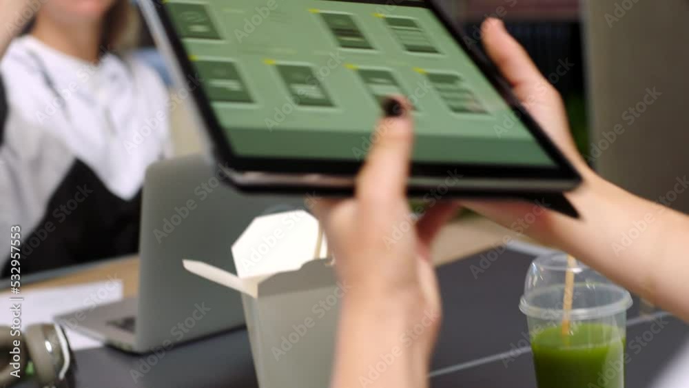 Poster Review, tablet and ux designer in digital agency working on phone software for app, developer and web design. Creative, planning and digital transformation with employee at tech company for ui