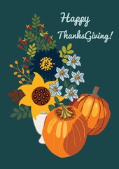 thanksgiving card with bouquet of flowers and pumpkins