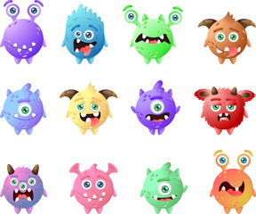 Collection of colorful round funny monsters. Brown, green, pink, purple, blue, red, yellow, cartoon aliens.