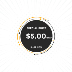 $5 USD Dollar Month sale promotion Banner. Special offer, 5 dollar month price tag, shop now button. Business or shopping promotion marketing concept
