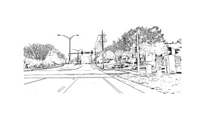 Building view with landmark of Overland Park is the 
city in Kansas. Hand drawn sketch illustration in vector.