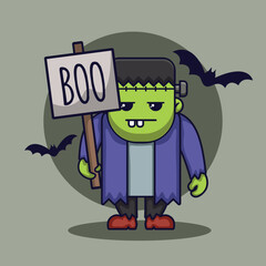 Halloween Cute Frankenstein Character with Boo Sign
