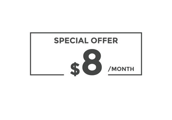$8 USD Dollar Month sale promotion Banner. Special offer, 8 dollar month price tag, shop now button. Business or shopping promotion marketing concept
