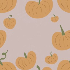 illustration in square format, cute autumn orange pumpkins on a beige background