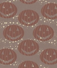 autumn illustration, magic pumpkin vegetables fly in the air and laugh, on a beige background, the concept of autumn atmosphere and halloween