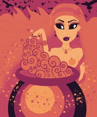 vertical fabulous illustration. a beautiful evil witch brews a magic potion in a large cauldron for halloween, crows are circling on a gloomy background