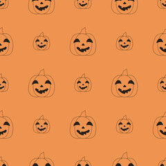 Simple line halloween pattern with smile pumpkin on orange background