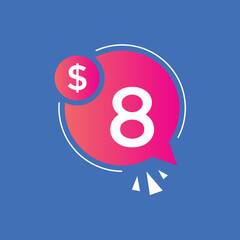 8 dollar price tag. Price $8 USD dollar only Sticker sale promotion Design. shop now button for Business or shopping promotion
