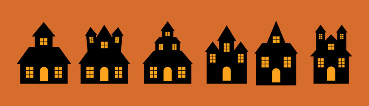 Set of black haunted halloween houses isolated on orange halloween background.