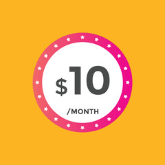 10 dollar price tag. Price $10 USD dollar only Sticker sale promotion Design. shop now button for Business or shopping promotion
