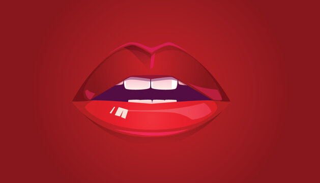 Illustration mouth open red sexy lips and teeth isolated on a red background.