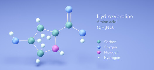 hydroxyproline, molecular structures, amino acid, 3d model, Structural Chemical Formula and Atoms with Color Coding