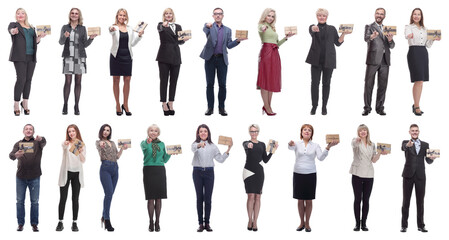 Fototapeta premium group of happy people with gifts in their hands isolated